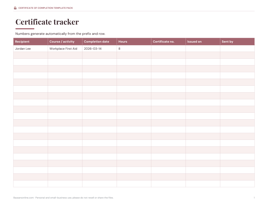 Preview of the first page of Certificate tracker (XLSX)